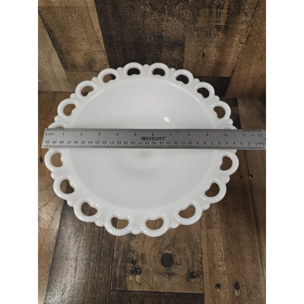 Vintage White Milk Glass Lace Edge Pedestal Cake Stand Compote Dish 10.5 Inch